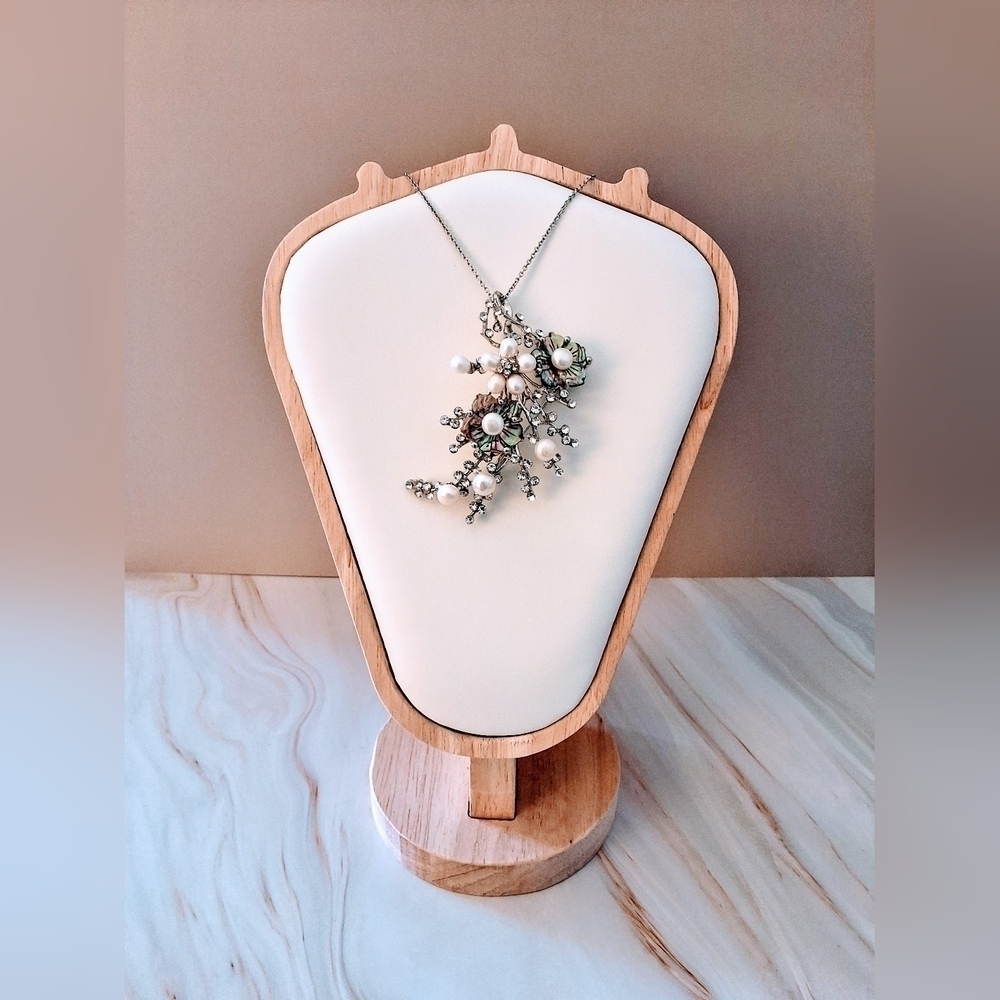 💥 Vintage Sterling Silver, Pearl & Abalone Statement Brooch on 18' Chain - Picture 2 of 7